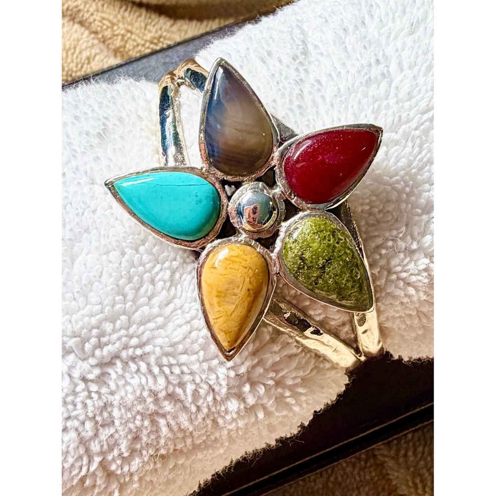 Barse Vintage Sterling Silver Multi Gemstone Flower Cuff 925 - Picture 2 of 16